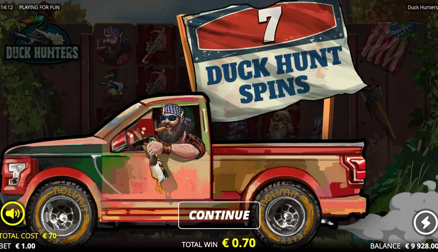 Duck Hunters free-spins award screen showing a bonus win total